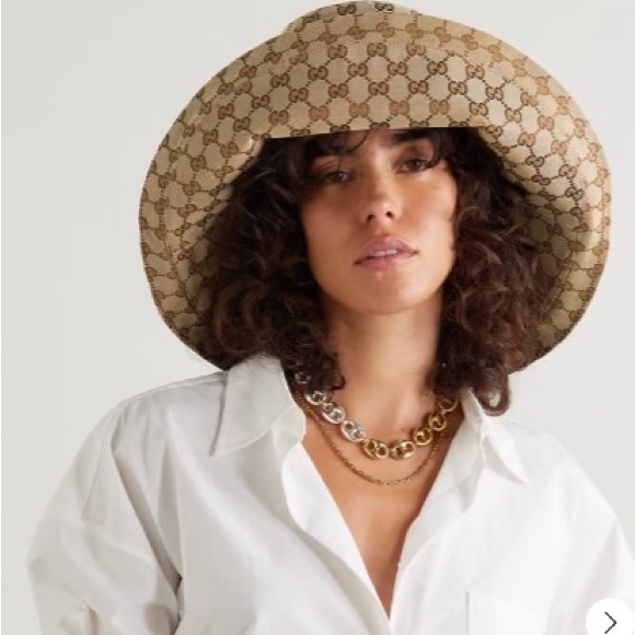 Gucci GG Bucket Hat Beige Canvas Monogram Wide Brim Design Beach Tan Large - Picture 9 of 16